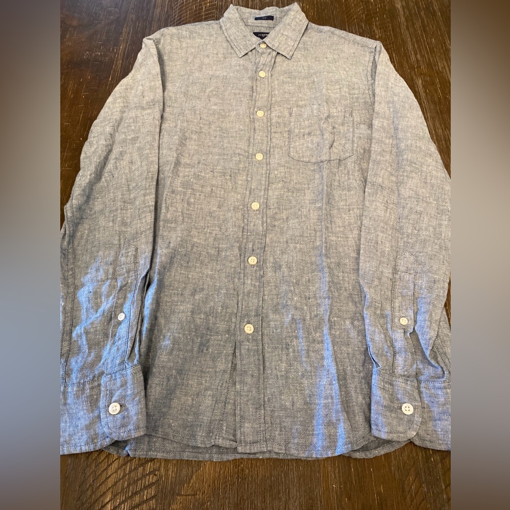 J. Crew Mens Small Shirt Solid Gray/Blue Long Sleeve Button-Down Slim Fit Linen